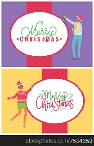 Merry Christmas postcards with people dancing at corporate fest celebrating holidays. Vector cartoon style characters on party, man and woman in Santa hats. Happy New Year and Merry Christmas Postcard People