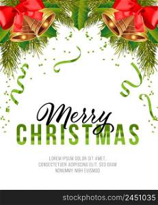 Merry Christmas poster design. Christmas bells with bows, fir tree branch, streamer and confetti. Template can be used for banners, flyers, greeting cards