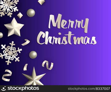 Merry Christmas poster design with silver decoration on purple gradient background. Lettering can be used for posters, leaflets, announcements