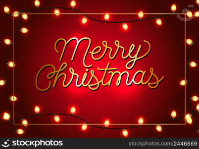 Merry Christmas poster design. Xmas garlands and frame on shining red background. Template can be used for banners, greeting cards, flyers