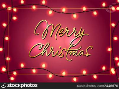 Merry Christmas poster design. Xmas glowing lights and frame on magenta background. Template can be used for banners, greeting cards, flyers
