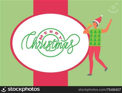 Merry Christmas poster, man in Santa Claus hat, dressed in t-shirt with spruce and pine trees, red trousers. Person celebrating Christmas New Year eve, vector. Merry Christmas Poster, Man Celebrate New Year