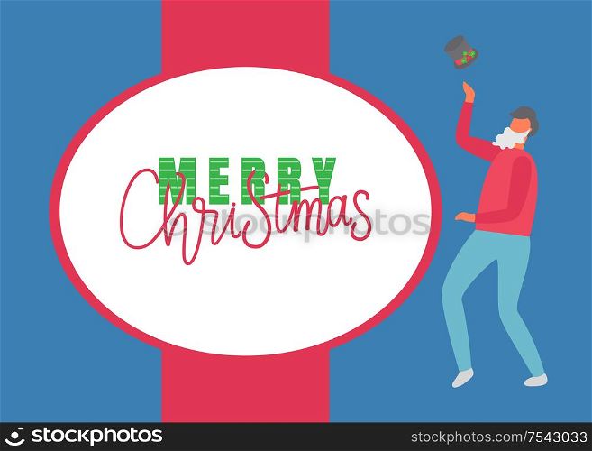Merry Christmas poster, man with artificial beard and magic hat vector. Person on New Year eve party with cylinder headwear, showing tricks, male. Merry Christmas Poster, Man Celebrate New Year