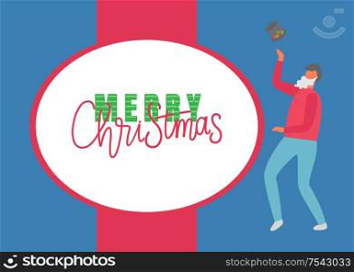 Merry Christmas poster, man with artificial beard and magic hat vector. Person on New Year eve party with cylinder headwear, showing tricks, male. Merry Christmas Poster, Man Celebrate New Year
