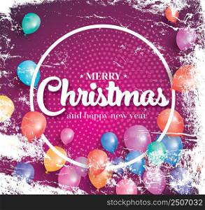 Merry christmas poster on red background with flying balloons and white circle frame. Vector illustration. Holiday banner with halftone pattern and ice texture.