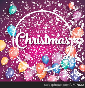 Merry christmas poster on red background with flying balloons and white circle frame. Vector illustration. Holiday banner with halftone pattern and snowfall.