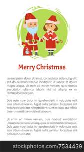 Merry Christmas poster, Santa Claus and helper in traditional costumes vector. Winter holidays characters with bag full of presents to kids, text sample. Merry Christmas Poster, Santa Claus and Helper