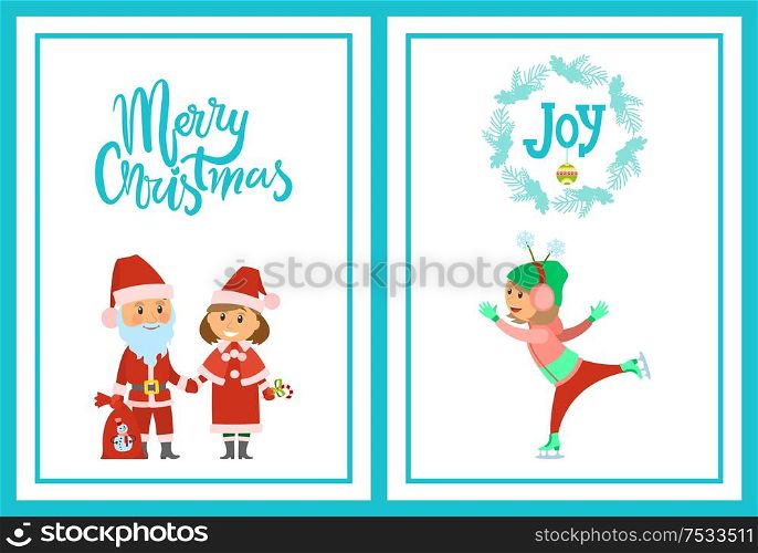 Merry Christmas poster Santa Claus and Snow Maiden in red costumes. Winter holidays characters with bag full of presents. Joy wishes and boy skating on rink. Merry Christmas Poster Santa Claus and Snow Maiden
