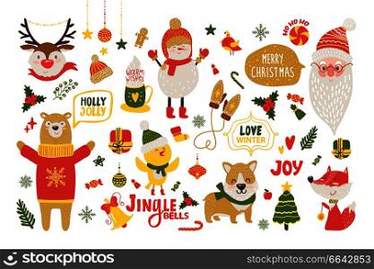 Merry Christmas poster with congratulations, animals in warm winter sweaters and Santa Clause isolated vector illustrations on white background.. Merry Christmas Poster with Cute Cartoon Animals