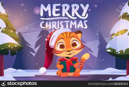 Merry Christmas poster with cute tiger with gift box in winter forest at night. Vector greeting card with cartoon illustration of woods landscape with snow and funny kitten in red Santa Claus hat. Merry Christmas card with tiger in winter forest