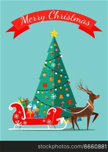 Merry Christmas poster with decorated tree by garlands, bells and bows on ribbons, sleigh full of presents and reindeer animal vector illustration. Merry Christmas Poster with Decorated Tree by Garlands