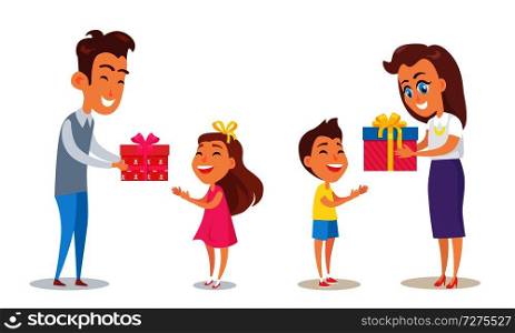 Merry Christmas poster with father and son, mother and daughter isolated on white. Smiling parents greets children with wrapped gift box, happy childhood. Merry Christmas Poster Father Mother Son Daughter