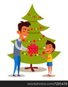 Merry Christmas poster with father and son near to Xmas tree decorated by garland. Vector illustration parent giving present to happy child on white. Merry Christmas Poster with Father and Daughter