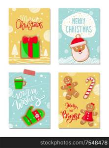 Merry Christmas poster with greetings cookies vector. Gingerbread biscuits in shape of mitten, cup with beverage, Santa Claus, present male and female. Merry Christmas Poster with Greetings Cookies