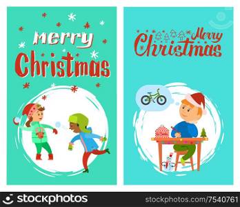Merry Christmas poster with lettering text, children fighting with snow outdoors, boy writing letter to Santa with wishes. New Year Greeting cards on blue. Merry Christmas Poster with Lettering, Children