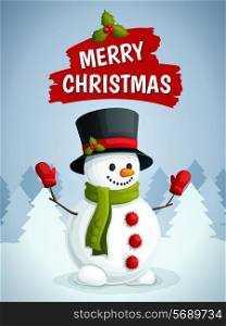 Merry christmas poster with snowman in scarf gloves and hat on winter forest background vector illustration.