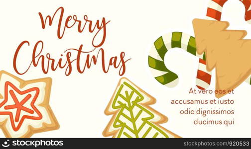 Merry Christmas poster with text sample and symbols of cookies and candies vector snacks and sweets on winter holiday celebration desserts lollipop and baked meal in form of spruce pine and star.. Merry Christmas poster with text sample and symbols