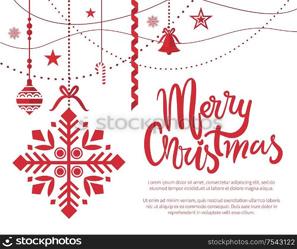 Merry Christmas poster with text sample baubles decoration vector. Ball with ornaments hanging on threads, bells and stars winter holiday celebration. Merry Christmas Poster with Text Sample Baubles