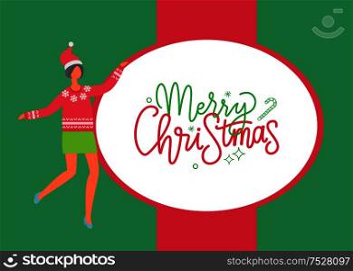 Merry Christmas poster, woman in skirt and sweater with snowflakes, Santa Claus hat on head. Vector female in flat design. Girl celebrating Xmas, card. Merry Christmas Poster, Woman in Skirt and Sweater