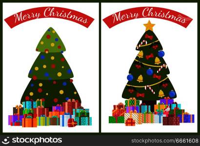 Merry Christmas posters set with decorated trees topped by golden star and piles of presents, xmas symbols vector illustration greeting cards design. Merry Christmas Poster Set Decor Tree and Presents