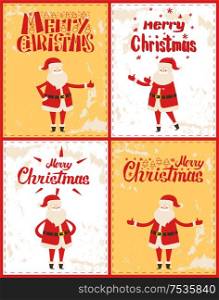 Merry Christmas posters set with Santa Claus adventures on snowy backdrop. Father Frost in red costume having fun, lettering greetings with line art icons. Merry Christmas Posters Set Santa Claus Adventures