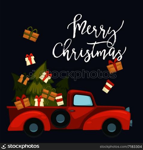Merry Christmas preparation for winter holiday, symbolic items vector. Car with cabin, transporting presents and gifts in boxes decorated with bows and ribbons. Pine tree, evergreen fir in truck. Merry Christmas preparation for winter holiday, symbolic items vector