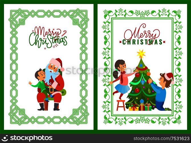 Merry Christmas preparation of father and daughter vector. Santa Claus listening to wishes of boy kid sitting on his lap. Decoration of tree with toys. Merry Christmas Preparation of Father and Daughter