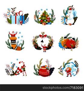 Merry Christmas, presents and elf with Santa Claus vector. Wreath with decoration bow and bells, snowman and reindeer symbolic animal of winter holiday. Pine evergreen tree decorated with garlands. Merry Christmas, presents and elf with Santa Claus vector