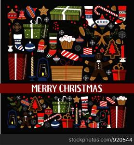Merry Christmas presents and symbols of winter holiday vector gifts and socks baubles and stars gingerbread cookie in form of man and pine spruce decoration bows and candy sticks lollipop set.. Merry Christmas presents and symbols of winter holiday vector gifts