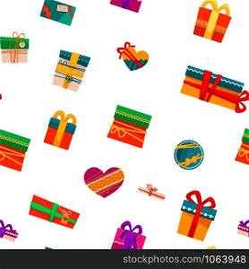 Merry Christmas presents in boxes with wrapping seamless pattern vector celebration of winter holiday colorful boxes with dotted patterns and bows in top giftboxes containers with surprise set.. Merry Christmas presents in boxes with wrapping seamless pattern vector