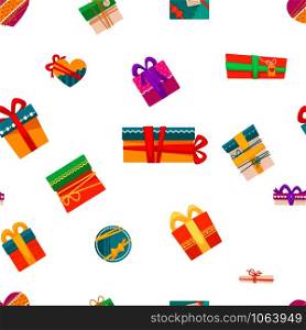 Merry Christmas presents in boxes with wrapping seamless pattern vector celebration of winter holiday colorful boxes with dotted patterns and bows in top giftboxes containers with surprise set.. Merry Christmas presents in boxes with wrapping seamless pattern vector