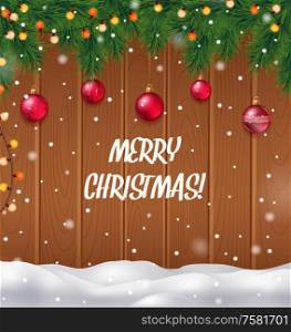 Merry Christmas realistic background with Christmas tree and snowfall vector illustration
