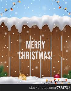 Merry Christmas realistic background with Christmas tree fence and snow vector illustration