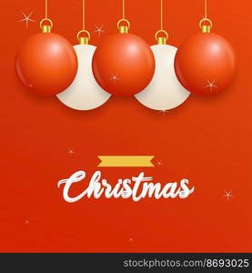 Merry Christmas Red Background with white and Red Hanging balls. Horizontal Christmas posters. greeting cards