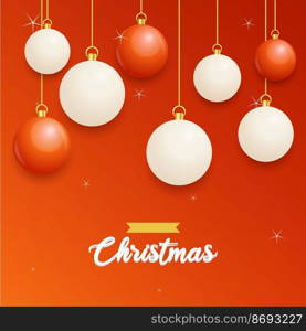 Merry Christmas Red Background with white and Red Hanging balls. Horizontal Christmas posters. greeting cards