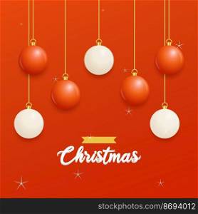 Merry Christmas Red Background with white and Red Hanging balls. Horizontal Christmas posters. greeting cards
