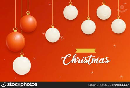 Merry Christmas Red Background with white and Red Hanging balls. Horizontal Christmas posters. greeting cards