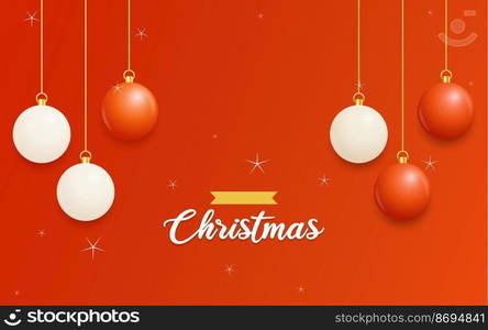 Merry Christmas Red Background with white and Red Hanging balls. Horizontal Christmas posters. greeting cards