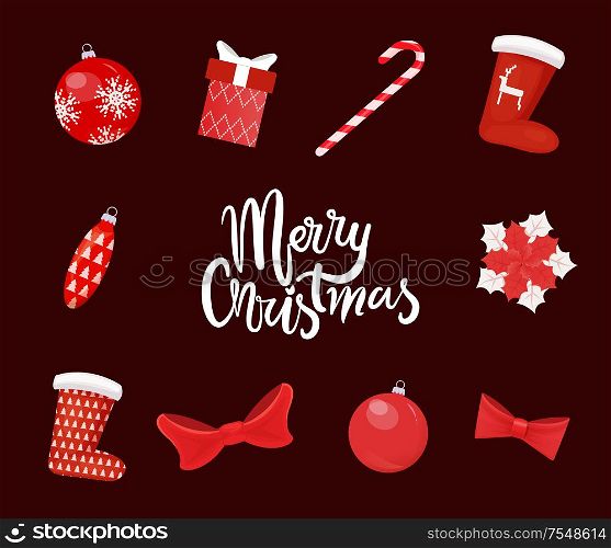 Merry Christmas red greeting paper card with toy ball and bow, leaves and Santa socks with print of deer and tree, gift boxes and candy cane vector. Merry Christmas Red Greeting Paper Card Vector