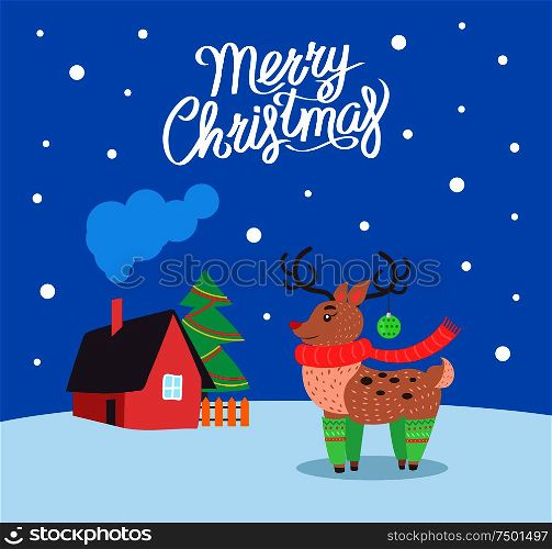 Merry Christmas reindeer poster with greeting text vector. Animal with horns, symbol of winter holiday. House and snowflakes falling down. Pine tree. Merry Christmas Reindeer Poster with Text Vector