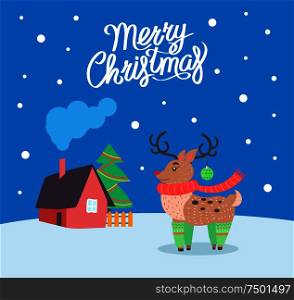Merry Christmas reindeer poster with greeting text vector. Animal with horns, symbol of winter holiday. House and snowflakes falling down. Pine tree. Merry Christmas Reindeer Poster with Text Vector