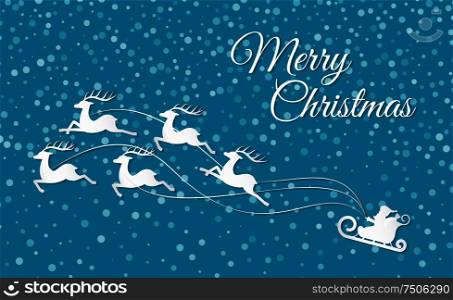 Merry Christmas reindeer with sleigh holiday cut out vector. Paper cut of snowfall and flying deers pulling sledges of Santa Claus. Winter time art. Merry Christmas Reindeer Sleigh Holiday Cut Out