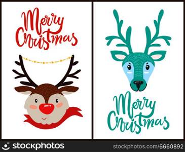 Merry Christmas, reindeers of two types with horns, one of them is wearing scarf, collection of icons, animals and headlines on vector illustration. Merry Christmas Reindeers Vector Illustration