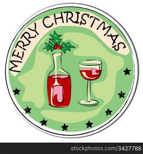 merry christmas retro sticker with a bottle of wine, berry and glass isolated on white