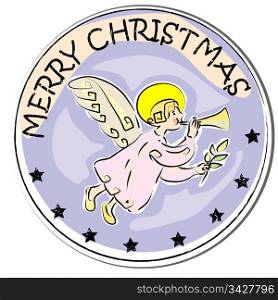 merry christmas retro sticker with angel playing trumpet isolated on white