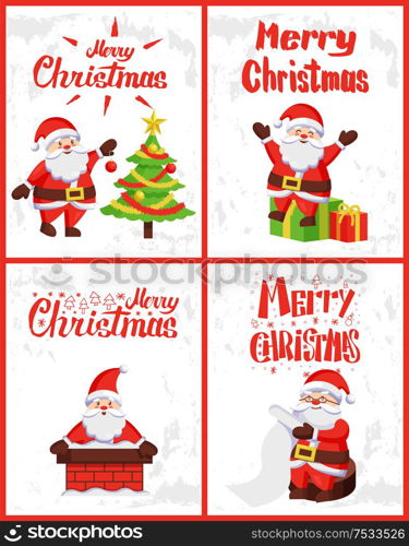 Merry Christmas, Saint Nicholas checking wish list, decorating Xmas tree, sitting on wrapped gifts, looking from chimney pipe, vector. Santa Claus adventures. Merry Christmas, Santa Claus Wintertime Adventures