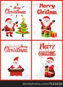 Merry Christmas, Saint Nicholas checking wish list, decorating Xmas tree, sitting on wrapped gifts, looking from chimney pipe, vector. Santa Claus adventures. Merry Christmas, Santa Claus Wintertime Adventures