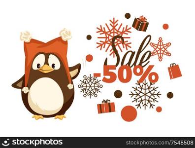 Merry Christmas sale 50 percent half price off vector. Special discount winter holiday offers, snowflake ornaments and percentage penguin in warm hat. Merry Christmas Sale 50 Percent Half Price Off