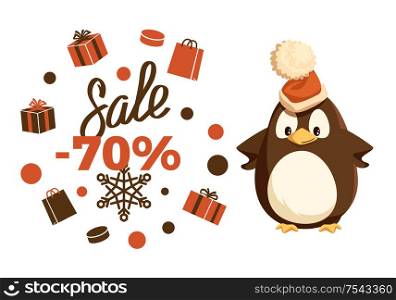 Merry Christmas sale 70 percent penguin animal vector. Clearance and special offer, present in boxes, giftbox in wrapping and snowflake ornaments. Merry Christmas Sale 70 Percent Penguin Animal