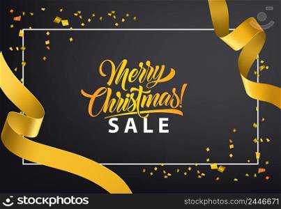 Merry Christmas Sale poster design. Gold confetti, ribbons and frame on black background. Template can be used for retail banners, flyers, signs